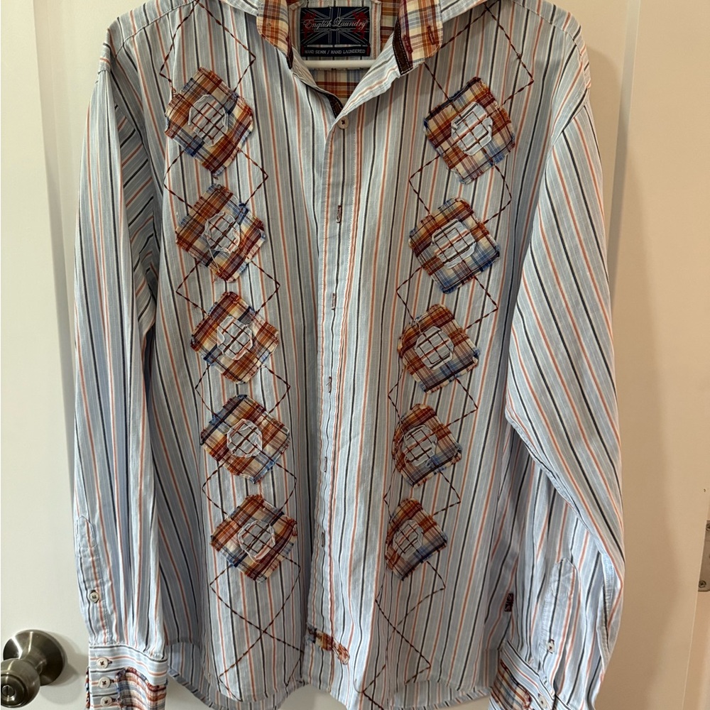 English Laundry Hand Sewn Men's Striped Shirt with Geometric Pattern Size L